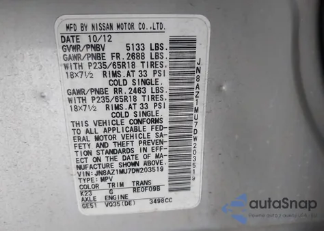 2013 Nissan Murano Sv z USA, uszkodzony, nr VIN JN8AZ1MU7DW203519